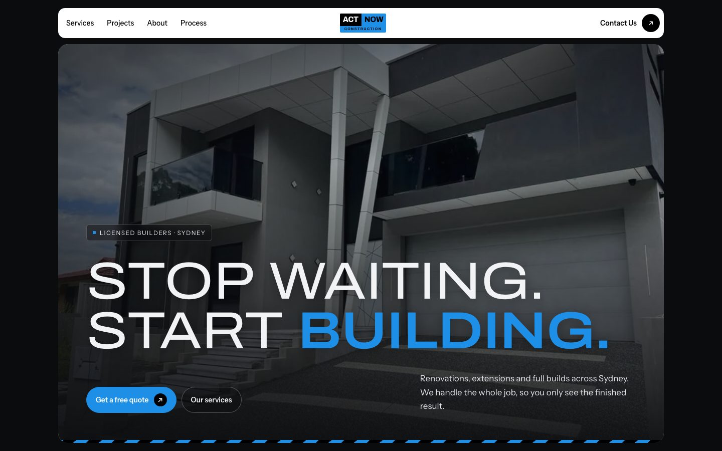 Act Now Construction website on a desktop screen